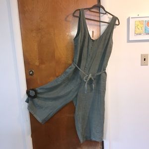 Size L Light Green Linen Jumpsuit with Pockets